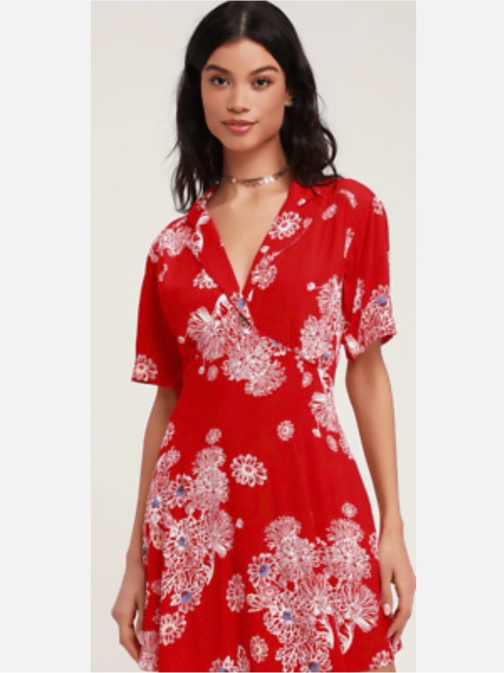 Free People Womens Red Floral Hawaiian Mini Dress Large Short Sleeve Boho V-Neck